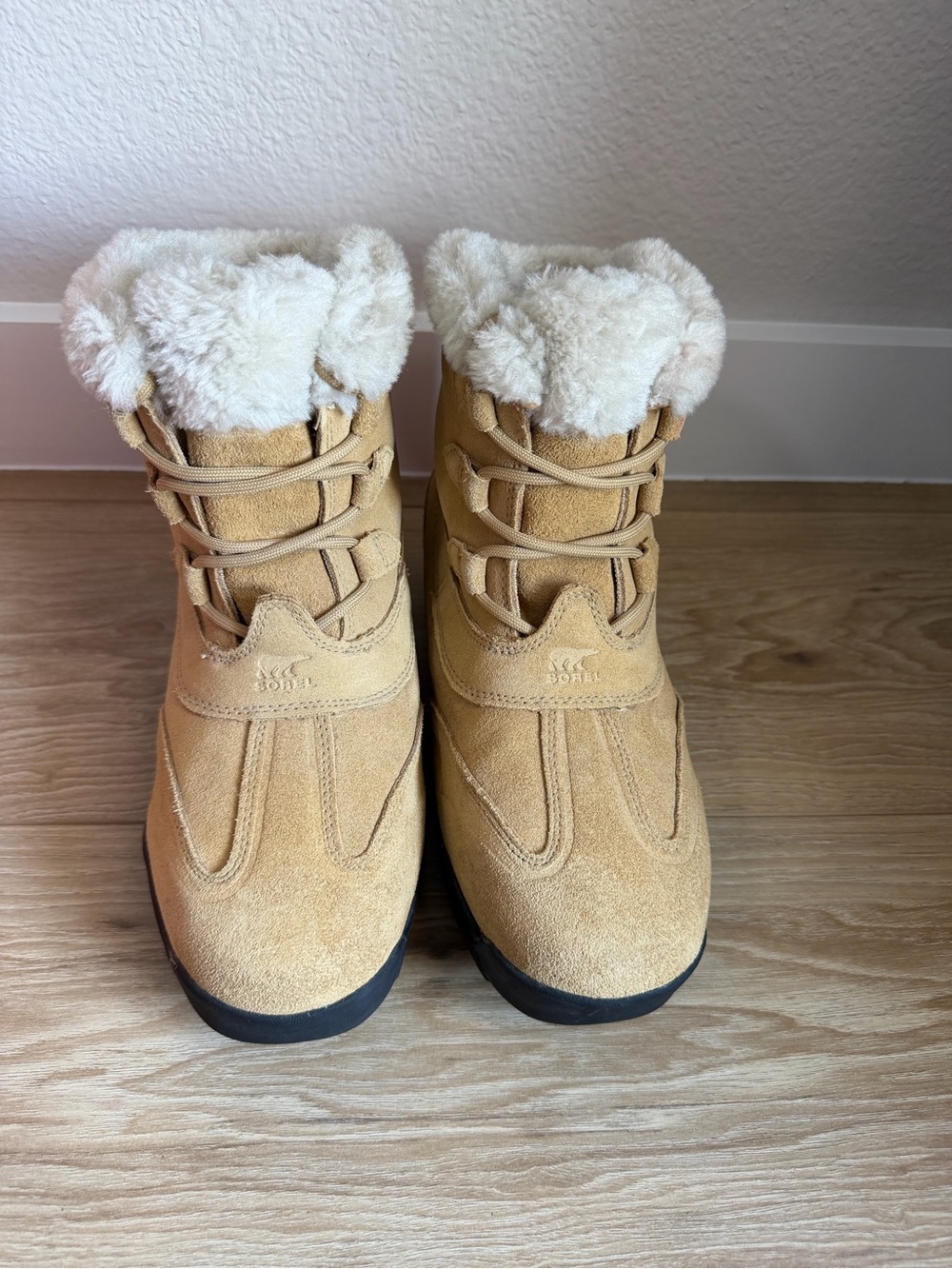 Sorel Tan Suede Winter Boots with Cream Faux-Fur Cuff
